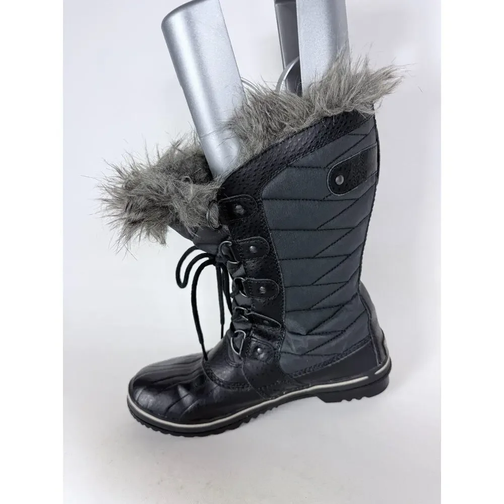 Sorel Tofino II Snow Boots Women's 9 Black Gray Faux Fur Trim Waterproof Lace-Up